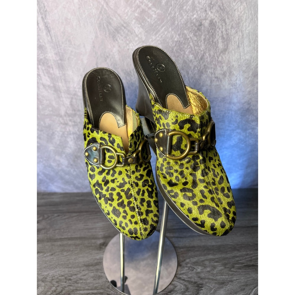 Cole Haan Green Leopard Calf Hair Wedge Mules Size 7AA Clogs Buckles Vintage